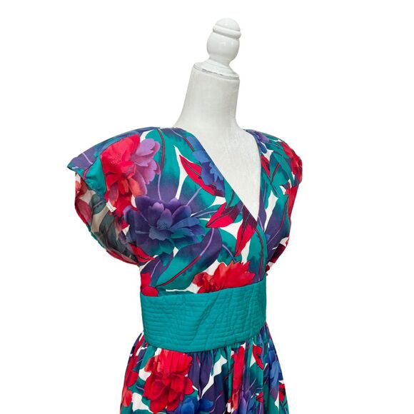 Vintage Jackie Taub for Connections Floral Midi Dress 12 Union Made Blue Red - Picture 4 of 12